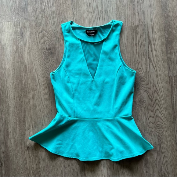 Bebe Women’s Small Aqua Peplum Tank Top Blouse w/ V-Neck Mesh Video - Picture 2 of 8